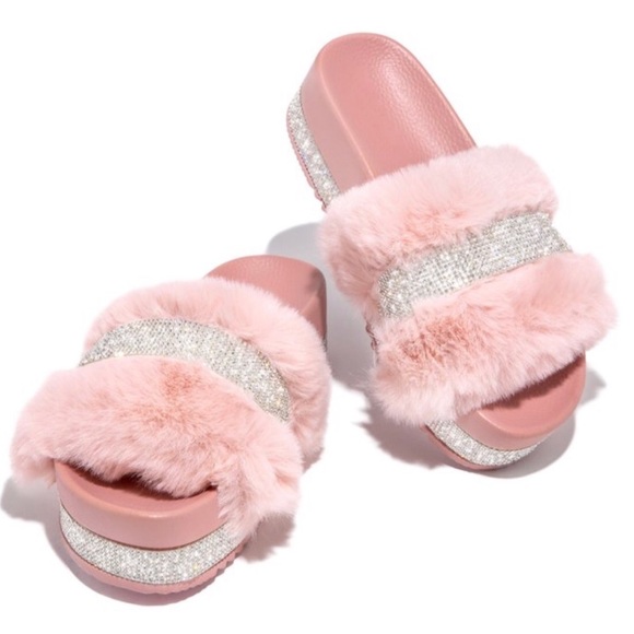 Blush Faux Fur Rhinestone Platform Sandals Slipper - Picture 3 of 9